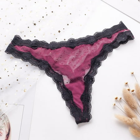 

Rovga Panties For Women Female Lace Thong Sheer Mesh Paneling Contrast Color Wavy Edge Plus Size Panties Panties