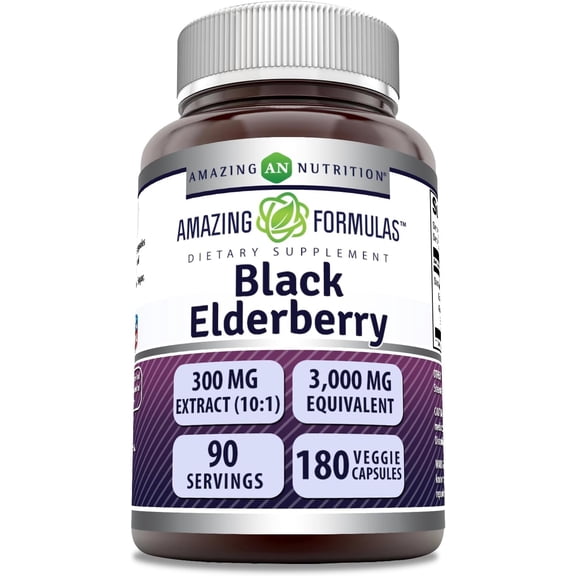Amazing Formulas Black Elderberry 3000Mg Per Serving 180 Veggie Capsules Supplement | Non-GMO | Gluten Free| Suitable for Vegetarians