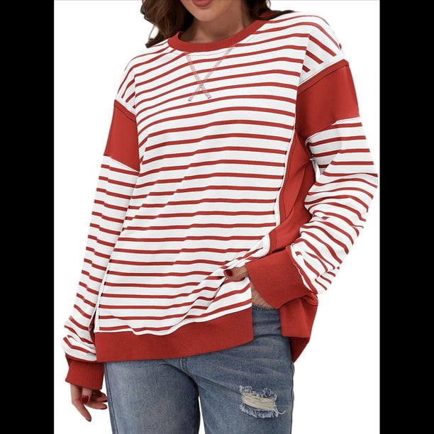 Sudadera Informal de Larga con Cuello Redondo y Rayas de Color Block para Mujer. Rojo Ladrillo M