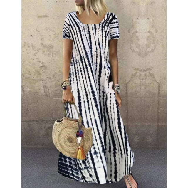 Robe d'Été pour Femme Robe de Plage Robe Ample Robe Maxi Robe Bohème Teinture sur Nœuds à Manches Courtes Robe à Col Ras du Cou