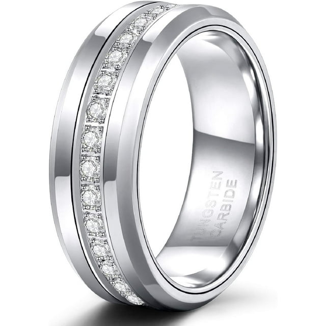 6mm 8mm Mens Tungsten Wedding Bands with Cubic Zirconia Eternity Ring CZ Inlaid Black Silver Tungsten Carbied Rings High Polish Size 7-13