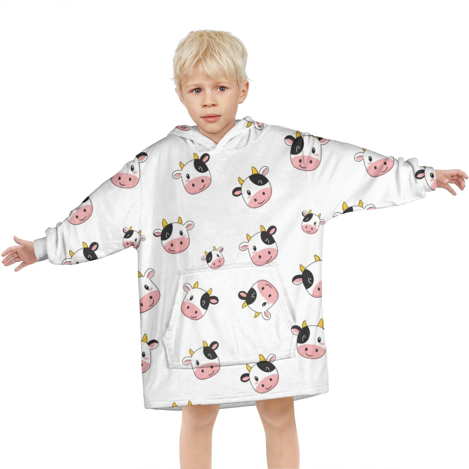 White Cow Head Pattern Blanket Hoodies for Kids 6-13YR Oversize Wearable Blanket Hoodies for Boys Girls Teens