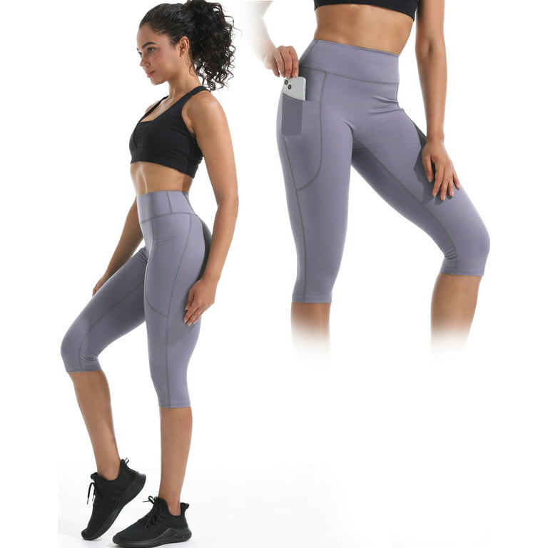 NELEUS Womens Yoga Capris Leggings For Workout With Pockets Tummy Control  High Waist,Black+Gray+Light Purple,US Size L
