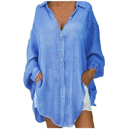 Long Sleeve Shirts for Women Button Shirts Linen Cotton Long Sleeve Blouse Tunic Tops Cover Up Shirt Loose Beach Bikini Dress Blue L on Clearance
