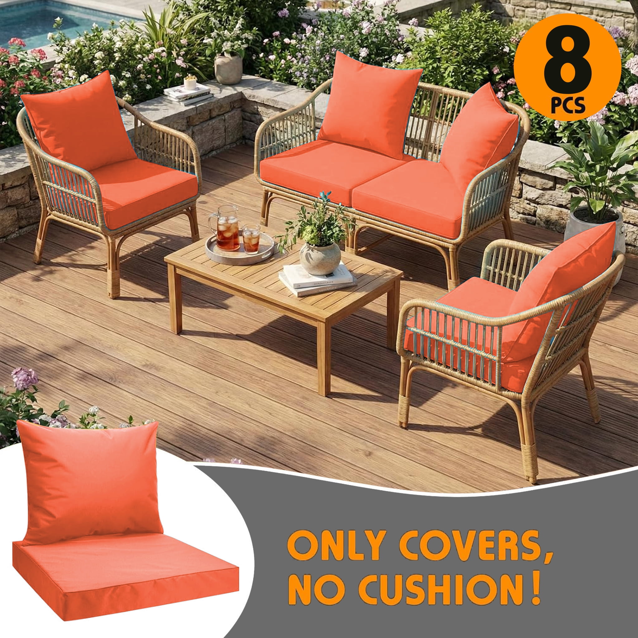 All Smiles 8-Piece Waterproof Patio Furniture Cushion Covers,Replacement Seat Slipcover Set for Outdoor Chair (No Insert),24x24 & 24x20,Orange