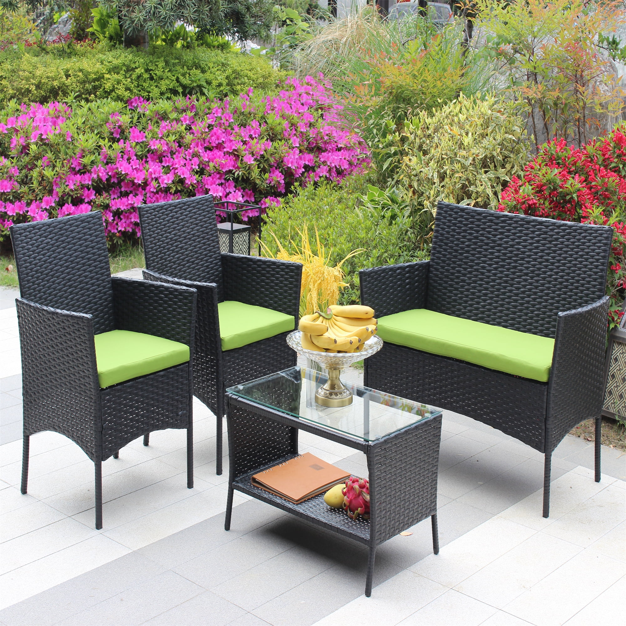 Aukfa 4 Piece Rattan Outdoor Patio Conversation Sofa Set with Table & Cushions, Green