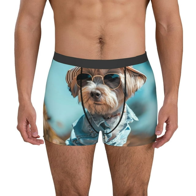 Fotbe Stylish Dog in Denim Outfit Calzoncillos Tipo Boxer con Bolsa de Soporte Total para Hombre, X-Temp Fresco, Transpirable y de Secado Rápido-Medium