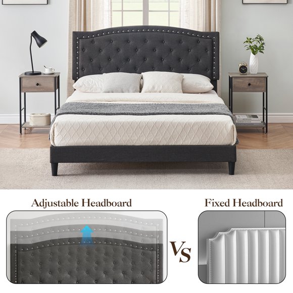 QinaQin Queen-Size Bed Frame, Upholstered Platform Bed with Adjustable Button Tufted Headboard and Rivet Embellishments, Slatted Wooden Support, Heavy-Duty Mattress Base, Springless Mattress