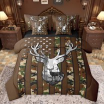 jejeloiu Jungle Deer Elk 7 Pieces Bedding Comforter Set,Brown Camo Camouflage Full Bedding Set,Rustic Farmhouse Cabin Fitted Sheet Flat Sheet For Teens,Super Cozy Room Decor Reversible