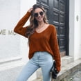 thumbnail image 2 of Defitshape Women's Long Sleeve Sweater V Neck Top Deep V Neck Sexy Drop Shoulder Holiday Cutout Soft Knitwear Coffee Medium, 2 of 4