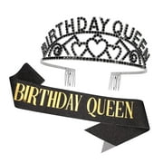 SKYSONIC Rose Birthday Queen Rhinestone Tiara and Sash - Birthday Glitter Decorations for Women (Multi Color Letter)