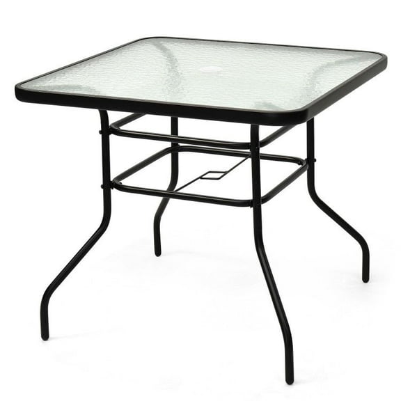 32 Inch Patio Table, Square Tempered Glass Outdoor Table with Umbrella Hole, Steel Frame Side Table for Garden, Backyard, Balcony, Black