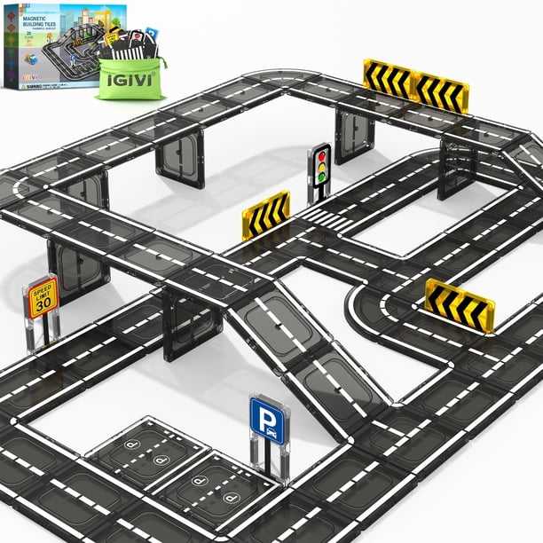 Set de Carreteras con Baldosas Magnéticas IGIVI para Niños de 3+ Años con 16 Ladrillos de Carretera