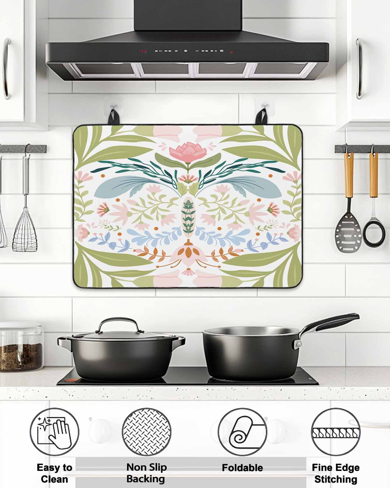 Stove Top Covers for Electric Stove, Boho Green Flower Glass Stovetop Cover Protector, Botanical Watercolor Leaf Floral Induction Cooktop Protector Oven Mat for Kitchen Countertop 24"x21"