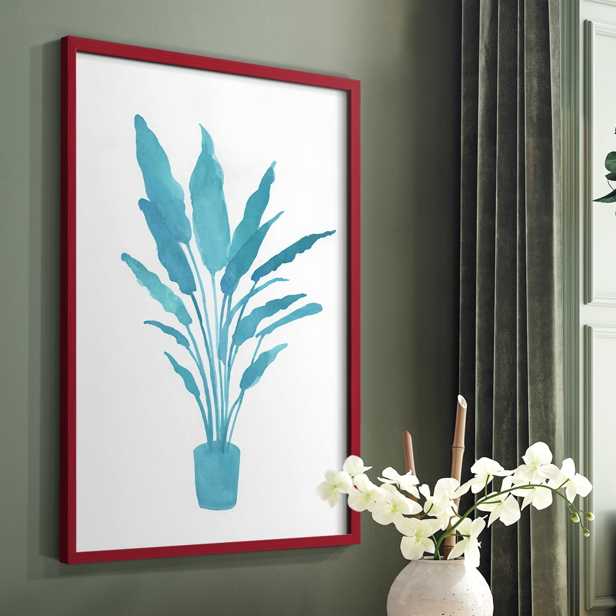 Watercolor House Plant I Framed Print in Red Solid Wood 11 x 14 Framed Print