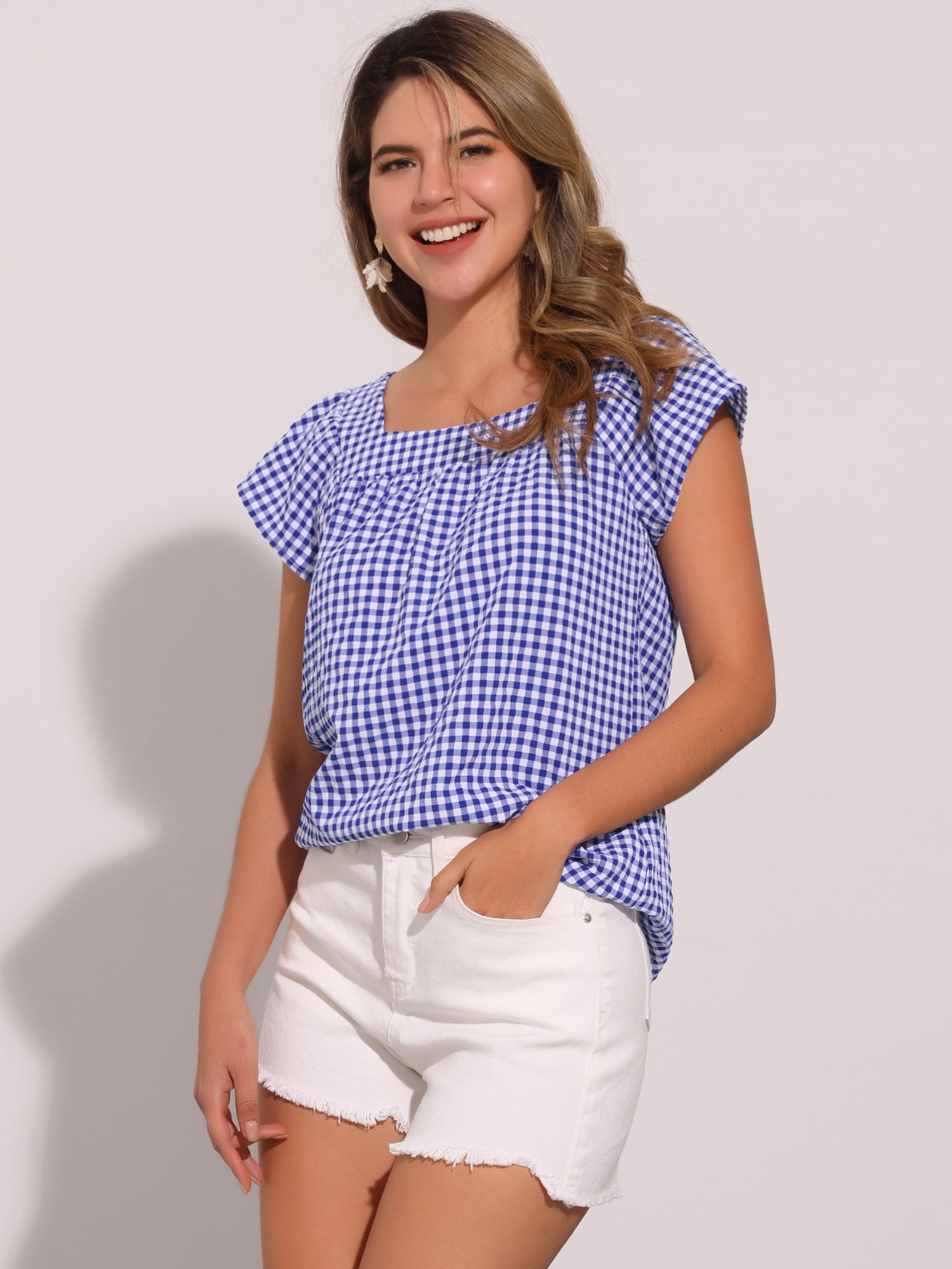 DARING DIVA Women's Summer Square Neck Gingham Cap Sleeves Blouses S Blue White
