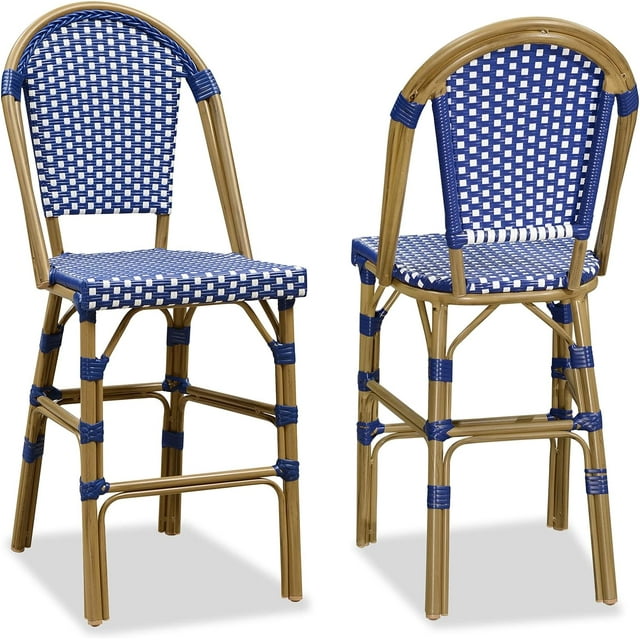 PURPLE LEAF Set of 2 French Outdoor Bar Stool Bamboo Print Finish Back Rattan Wicker Patio Outdoor Counter Height Bar Stools with Footrest, Royal Blue