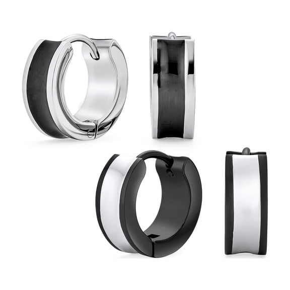 Bling Jewelry Mens Set of 2 Two Tone Striped Black Enamel Huggie Hoop Earrings Stainless Steel