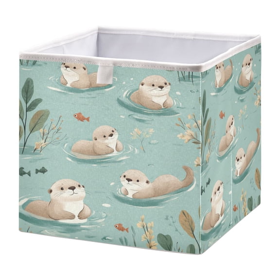 WOBOGO Swims Sea Otter Storage Basket Foldable Easy to Clean Durable with Hollow Support Plate with Handle 11.02×11.02×11.02 in