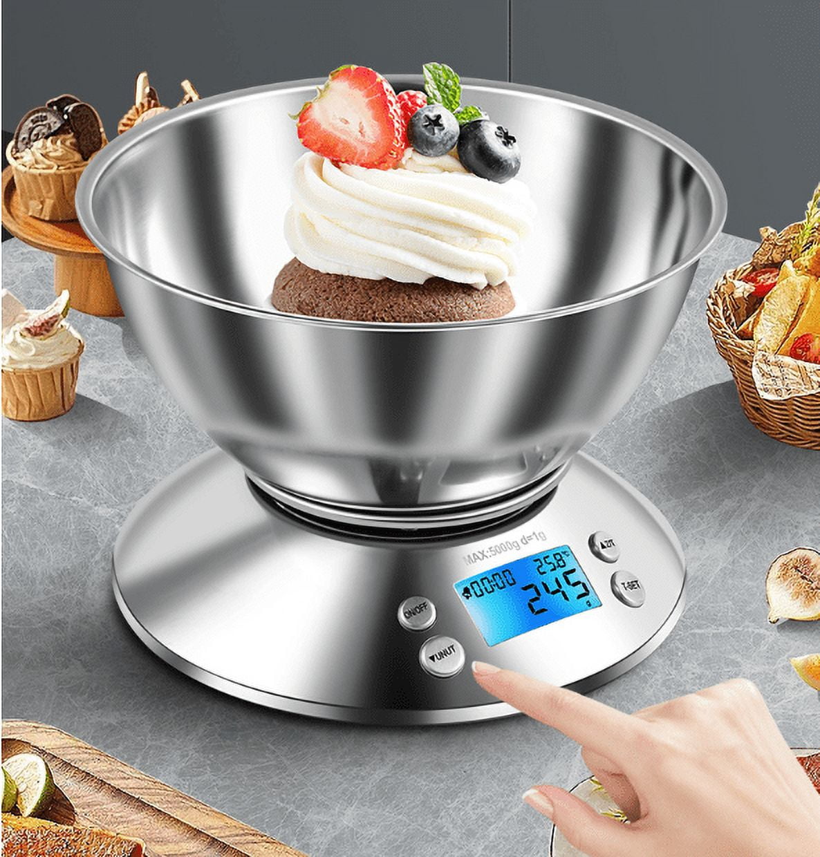 Household Stainless Steel Kitchen Scale with Bowl and Timer Electronic Scale Full Metal Baking Scale Multi-function Food Scale 0.1g-3kg