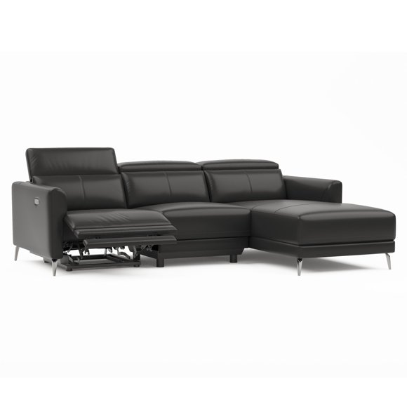 VALENCIA THEATER SEATING Andria Modern Right Hand Facing Top Grain Leather Reclining Sectional Sofa, Electric Power Recliner with USB Charging Port, Black