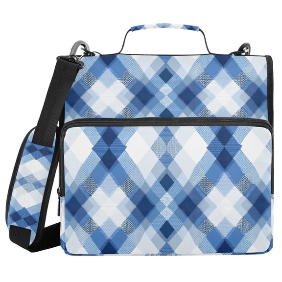 Blue Irregular Plaids Binder Bag with Shoulder Strap 3 Ring Zipper Binder File Folder Document Storage