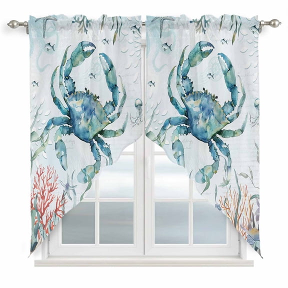 Turquoise Carbs Coastal Swag Curtains for Kitchen/Bedroom/Living Room, Nautical Summer Beach Coral Jellyfish Scalloped Curtains 63 Inch Long, Window Swag Topper Curtains Valances 2 Panels Set 36"x63"