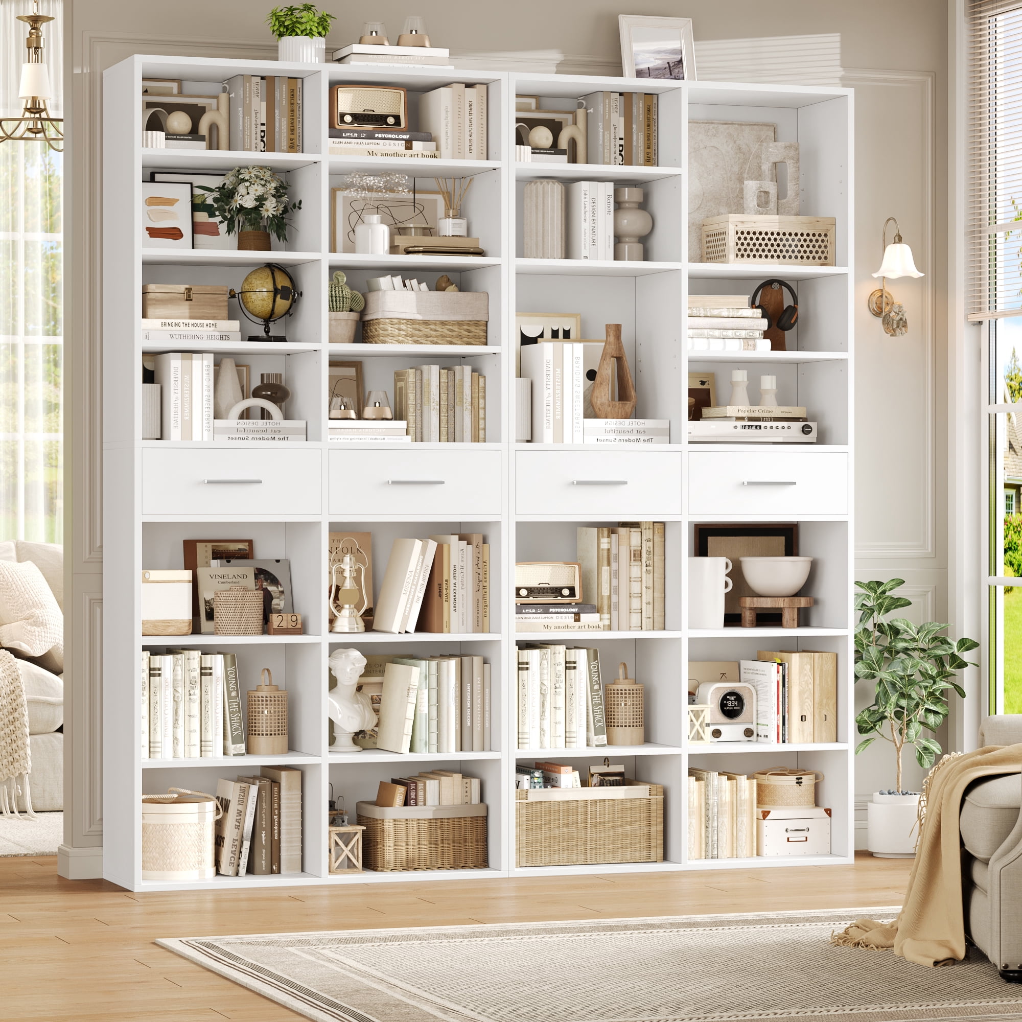 Homfa 7-Tier Bookcase with 2 Drawers, 72.8" H Double Wide Bookcase with 4 Adjustable Shelves for Study Office Living Room, White