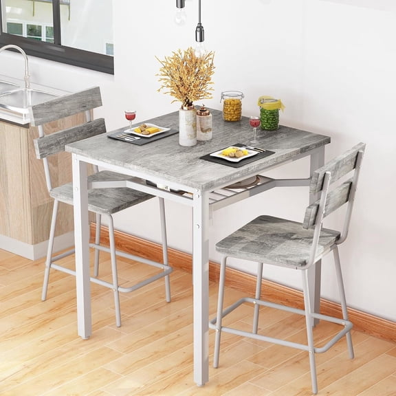 LinkRomat 3 Piece Bistro Table and Chairs Set of 2, Counter Height Small Dining Table with 2 Bar Stools, Square Bar Table with Storage for Small Space