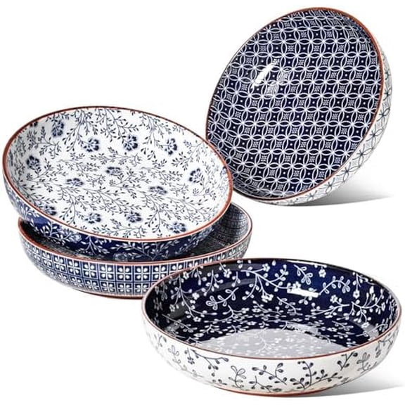 Pasta Bowl 32 oz, Ceramic Salad Bowl, Japanese-Style Plate Bowls for Serving Pasta, Fruits, Salad, Noodle, Dinner, Soup, Mircrowave Oven Dishwasher Safe - 8.2 Inch, Set of 4, Vintage Blue