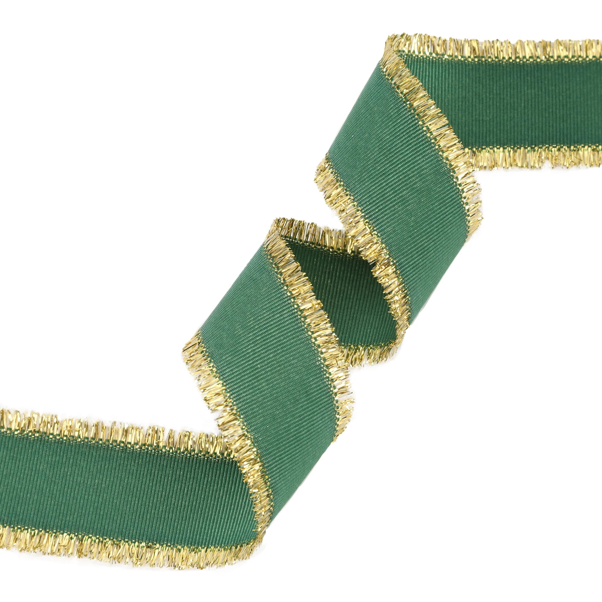 LaRibbons 1" Textured Grosgrain Ribbon | Gold Metallic Fringe Green | 25 Yard Roll
