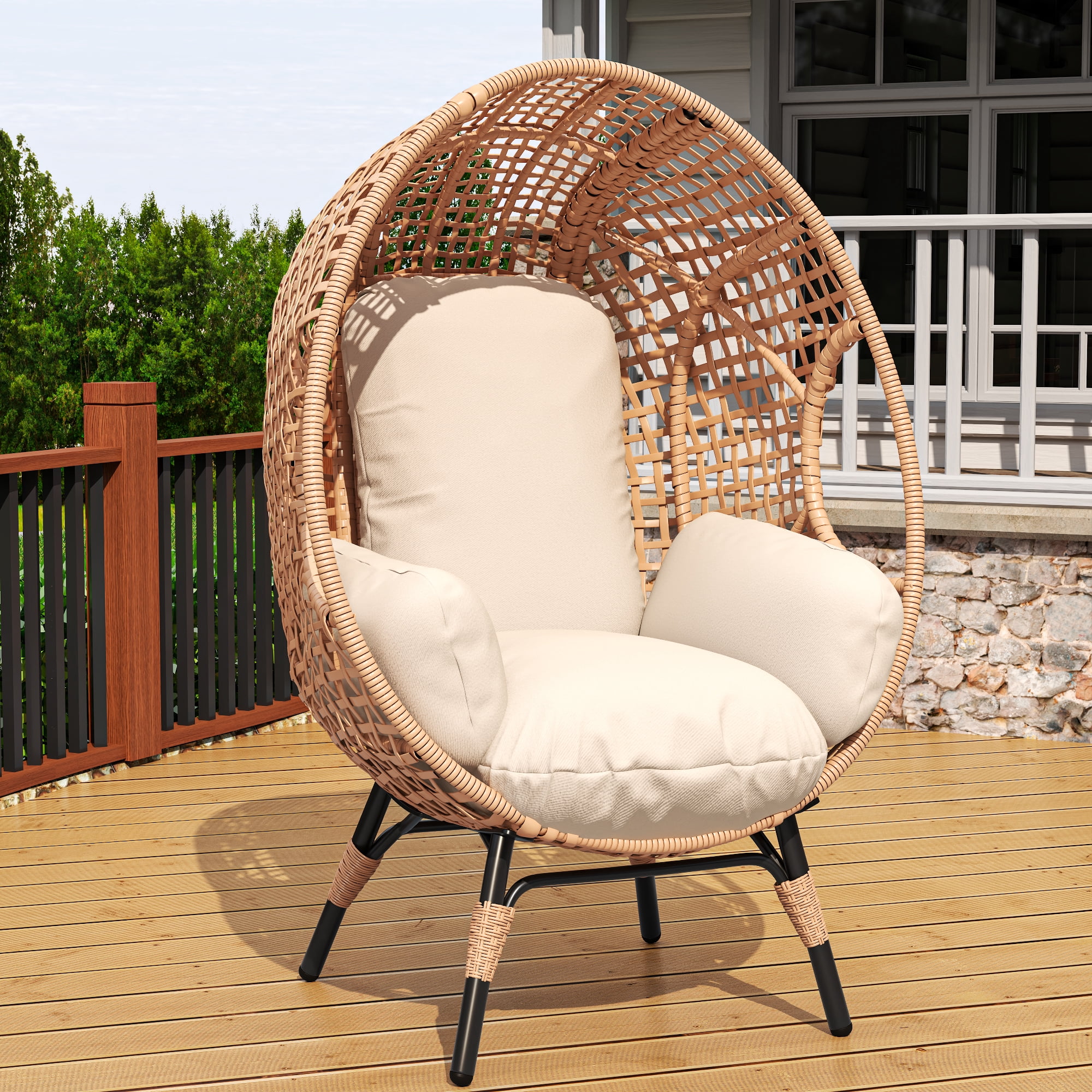 Hanging Swing Chair, 400LBS Arc Back Cushion Chair for Outdoor Garden Patio, Natural