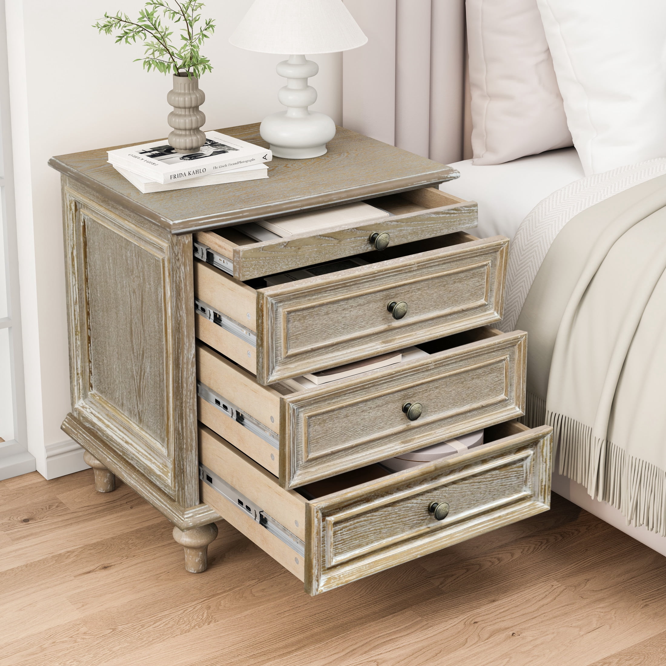 GDF Studio Farmhouse Nightstand with 3 Drawers & Pull-Out Tray, Solid Wood Legs, Natural+White