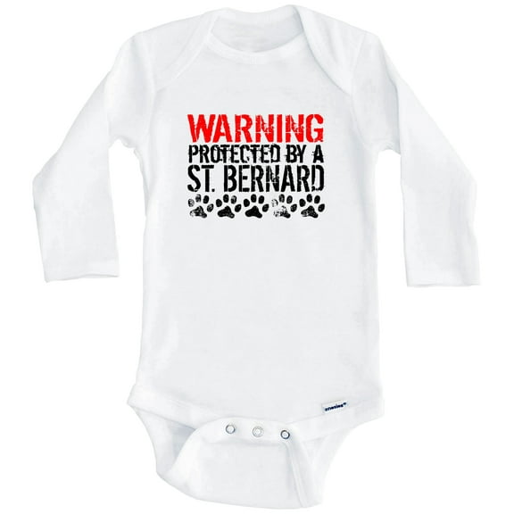 Warning Protected By A St. Bernard Funny One Piece Baby Bodysuit Funny Dog Baby Bodysuit (Long Sleeve), 0-3 Months White