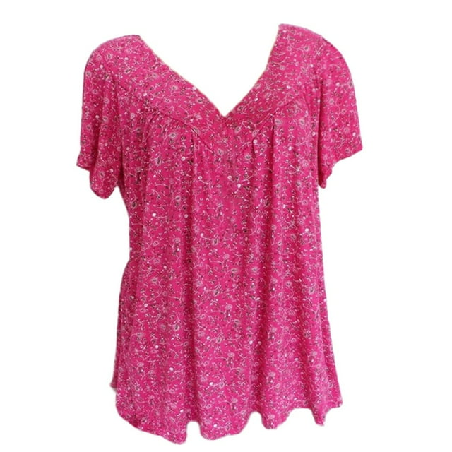 Pompotops Blouse à Manches Courtes Col en V Imprimée pour Femmes Grande Taille