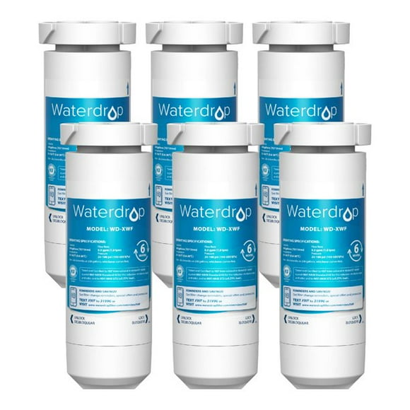 Waterdrop XWF Refrigerator Water Filter, NSF 42 & 372 Certified, Replacement for GE® XWF (WR17X30702), Applicable to models starting with QNE27, GSE25, GSS23, GSS25, 6 Pack