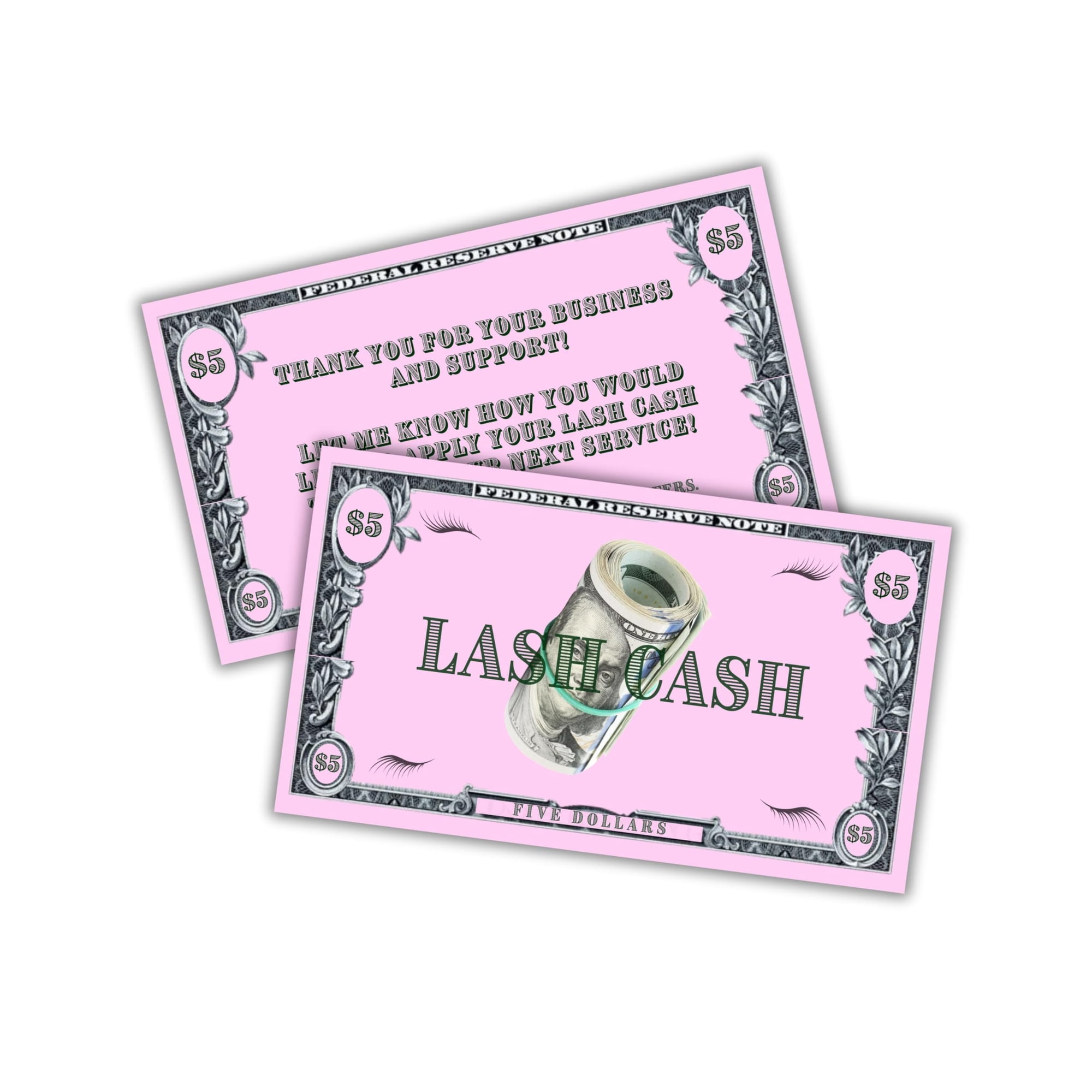 Lash Cash $5 Loyalty Rewards Card 50pk 2x3.5 Fake Money Eyelash Extension Aftercare Voucher Gift Cards for Clients Birthday Certificate