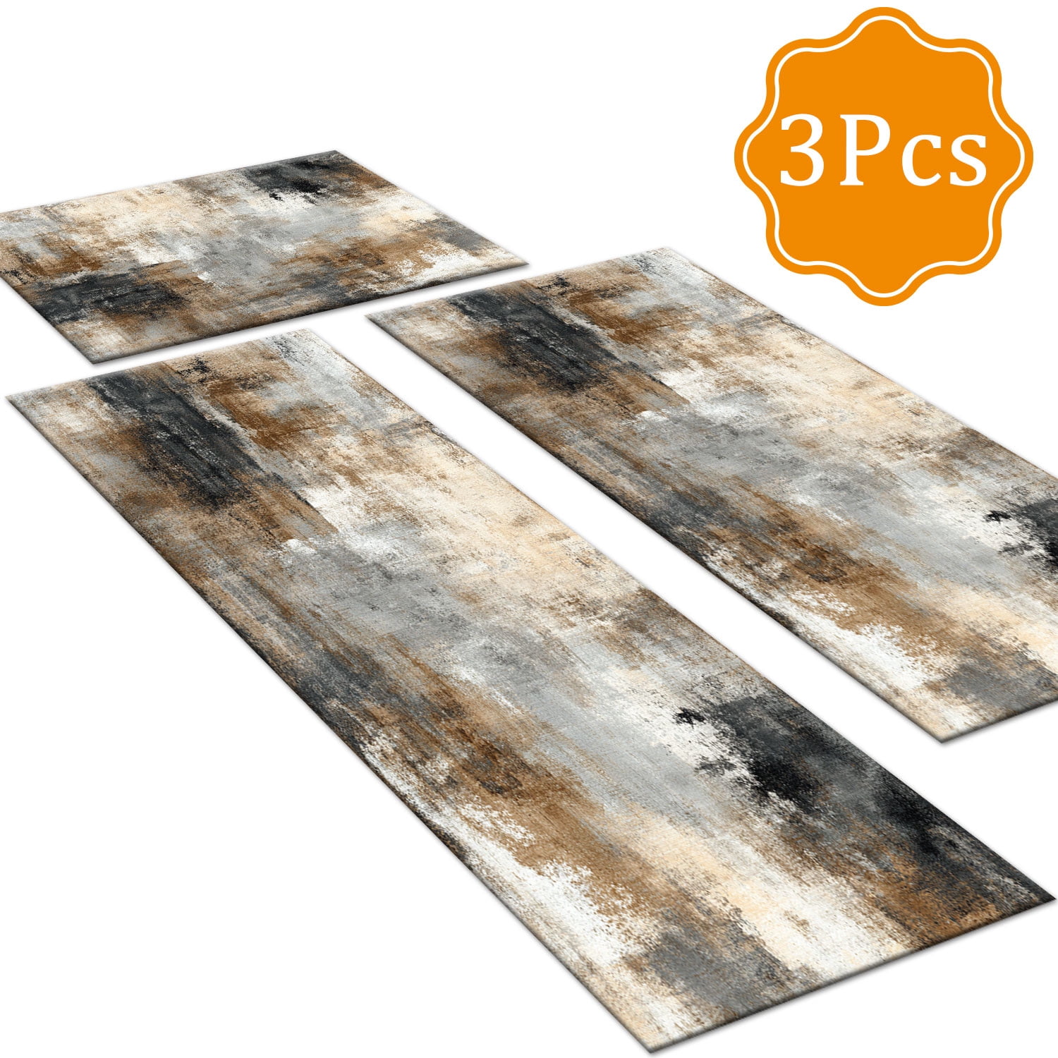 3-Piece Farmhouse Striped Kitchen Rug Set Anti-Slip Backing, Machine Washable Distressed Floor Mats for Kitchen Hallway Bathroom Laundry Room Christmas Decor