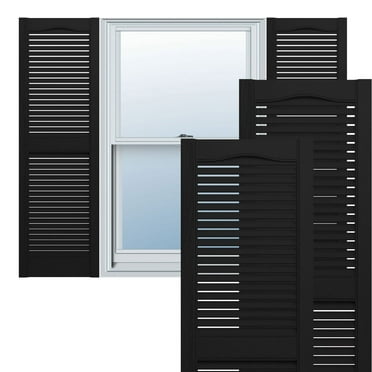 Ekena Millwork 12"W x 54"H Mid-America Vinyl, TailorMade Cathedral Top Center Mullion, Open Louver Shutters, w/Installation Shutter-Lok's (Per Pair), 002 - Black