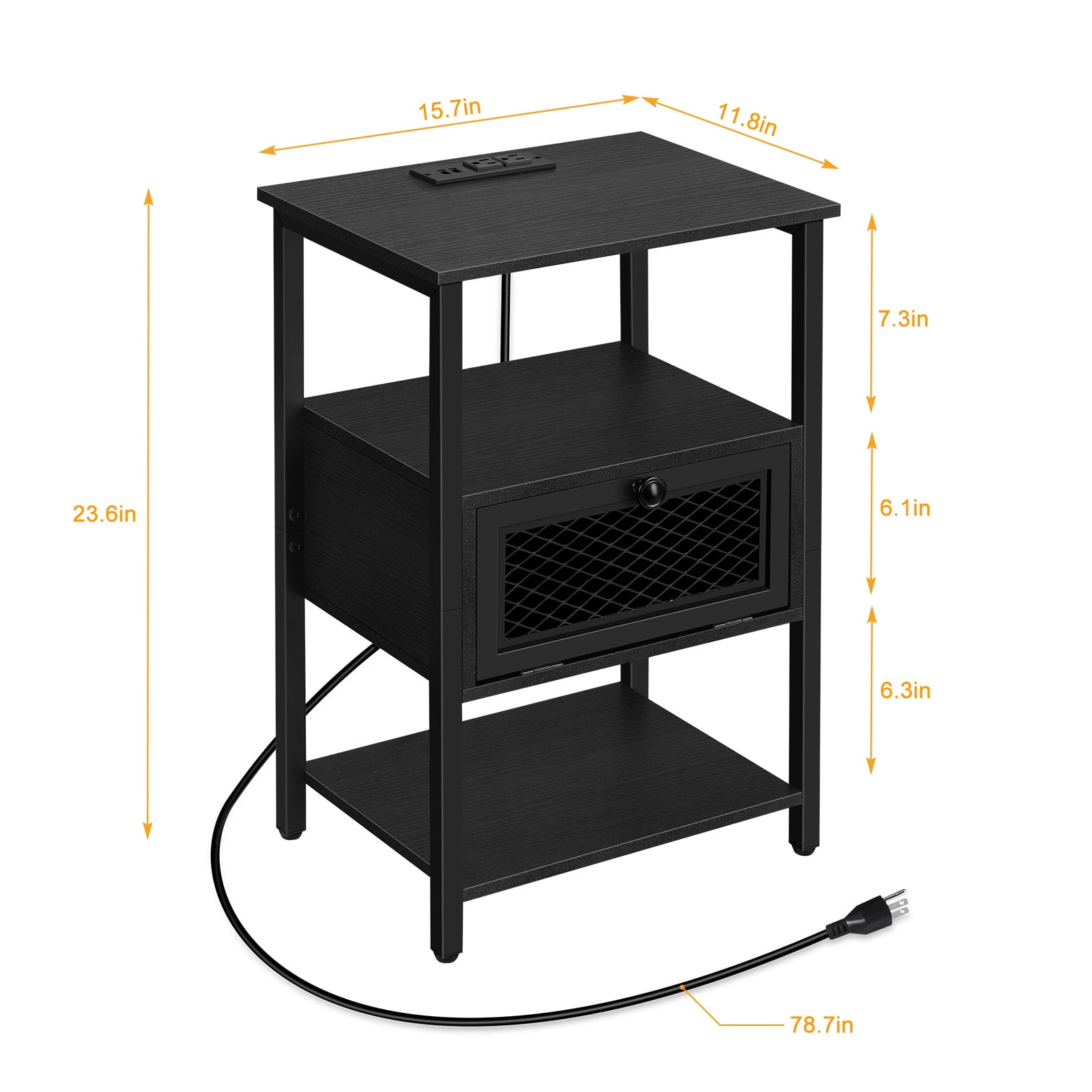 Oumilen Adult Modern Nightstand with Charging Station, Black