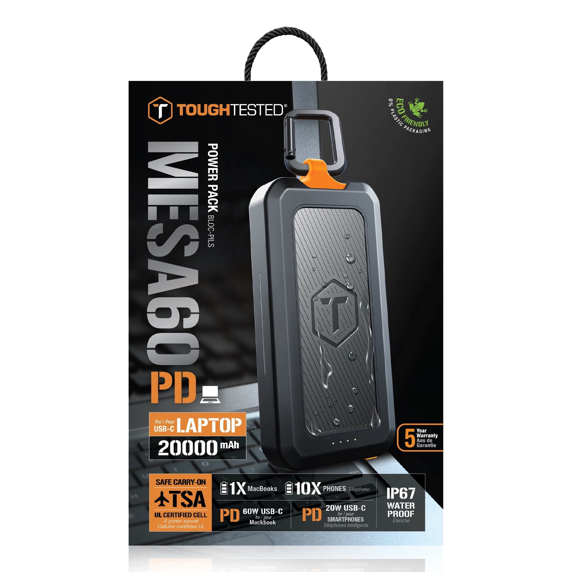 ToughTested MESA60 20,000mAh Rugged USB-C Power Bank, 60W and 20W Dual USB-C PD, USB-A Fast Charge, IP67 Waterproof Portable Charger with LED Flashlight, Cable and Carabiner, 5-Year Warranty