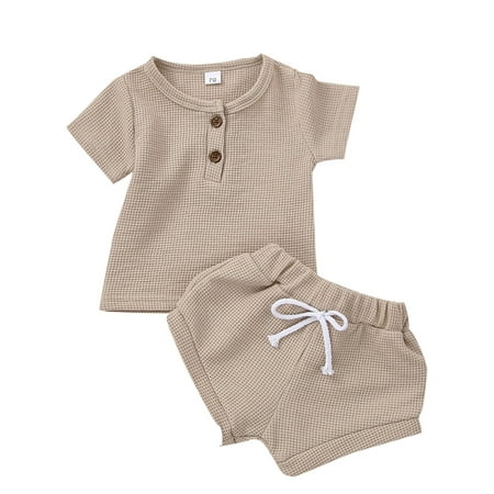 

Toddler Boys Girls Summer Waffle Outfits Short Sleeve T-shirts Tops+Shorts 0-3T