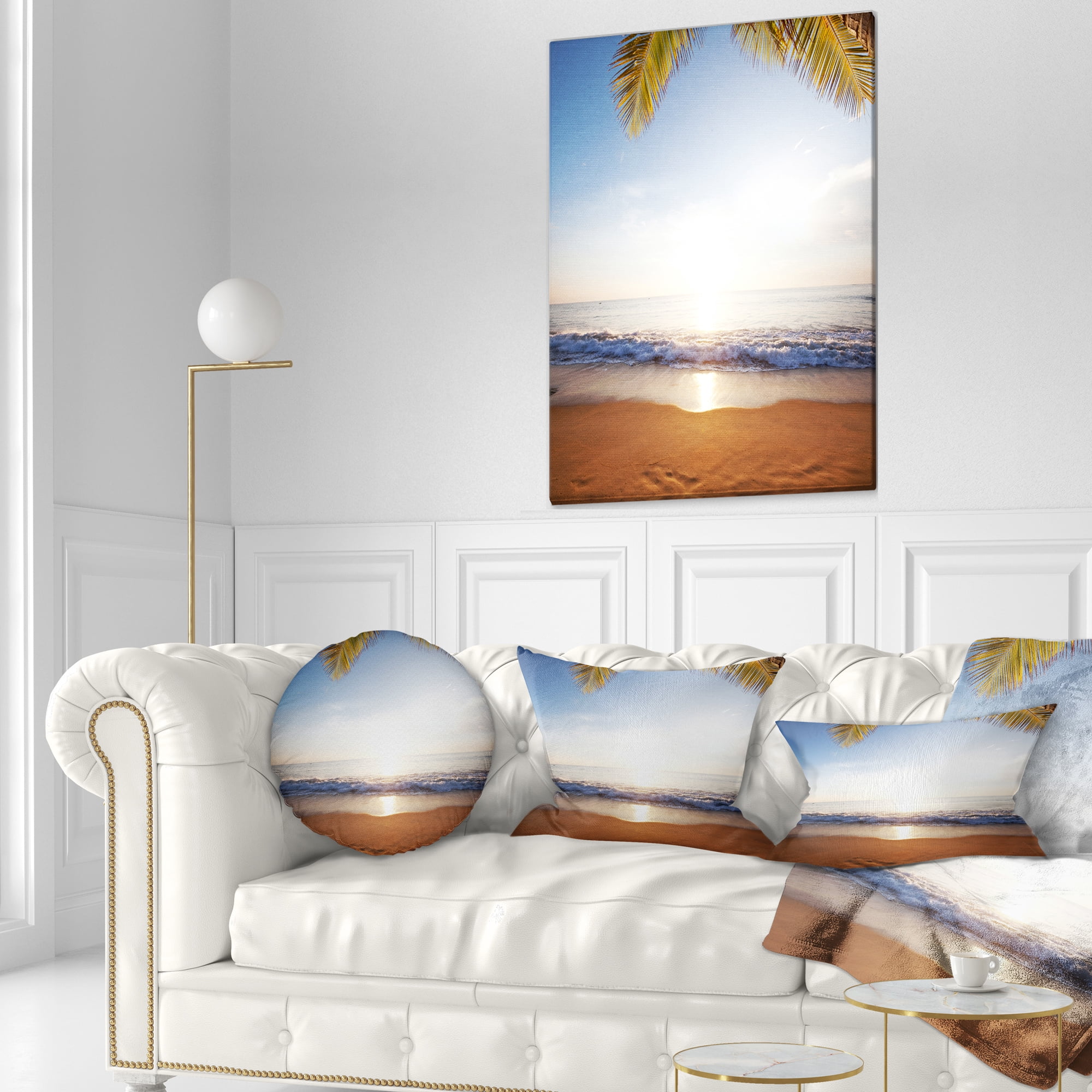 Designart Deserted Beach with Palm Leaves - Seashore Throw Pillow - 12x20