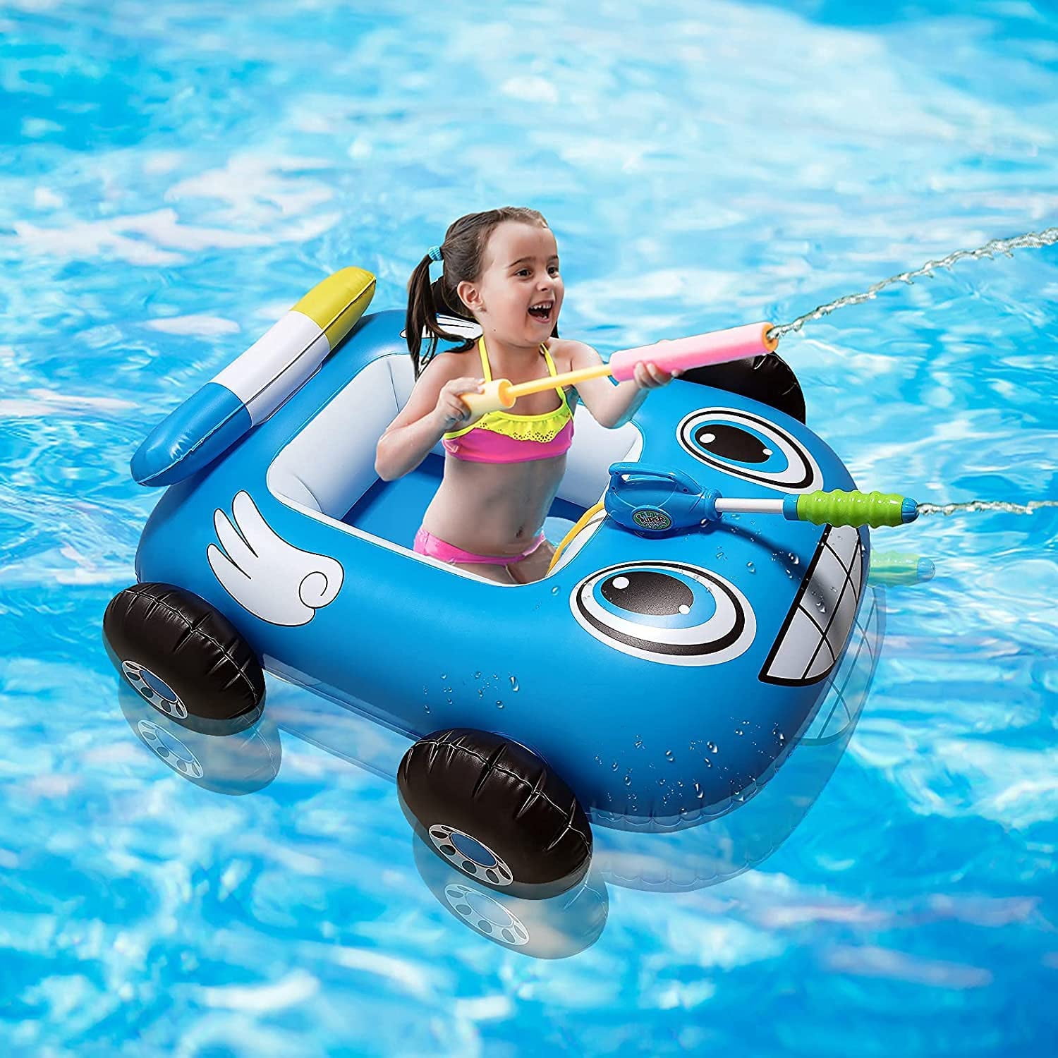 Kepooman Inflatable Pool Float, Child Ride-On Cartoon Car Raft Toy with Water Gun, Blue Kepooman Inflatable Pool Float, Child Ride-On Cartoon Car Raft Toy with Water Gun, Blue