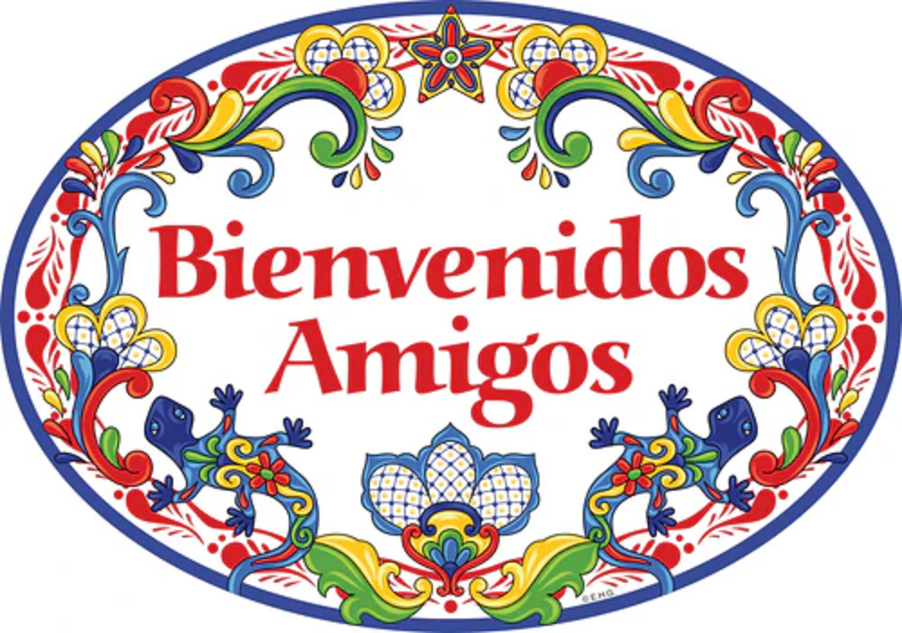 Oktoberfest Haus "Bienvenidos Amigos" Ceramic 11x8 Inches Front Door Sign - Red-Blue Motif Border