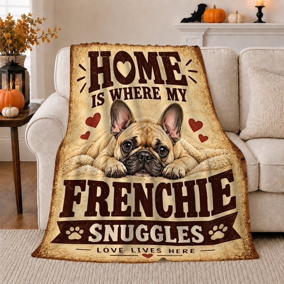 French Bulldog Home Is Where My Frenchie Snuggles, Cozy Pet Portrait Pattern, Warm Flannel Blanket for Living Room and Reading Nook, Dog Lovers autumn celebration Gift, Pet Lover Home Decor
