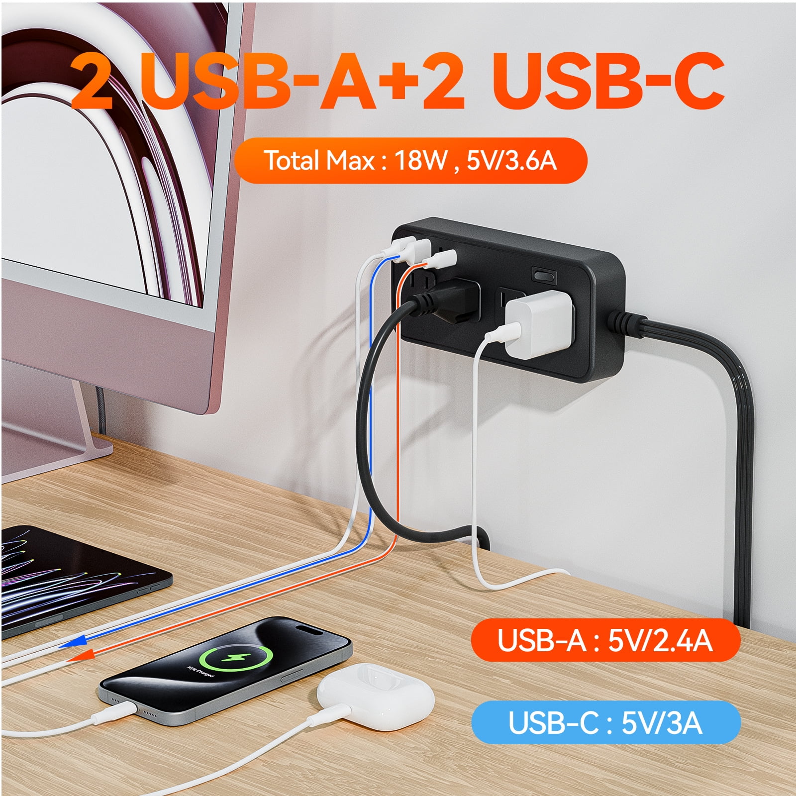 US Power Strip 8 Outlets Surge Protector 12 in 1 Charging Station2 USB C 2 USB Ports,5FT Flat Plug Extension Cord for Home