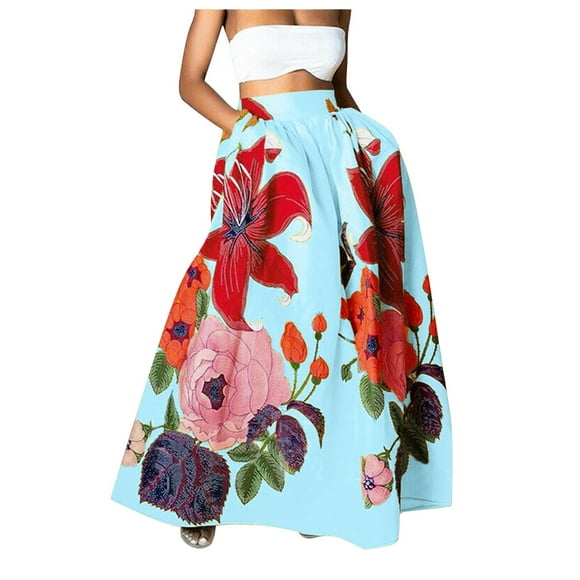 SNOWSONG Fall Skirts for Women 2024 Clearance! Women Floral Print Skirt High Waist Party Beach Pocket Long Maxi Skirt, Midi Skirts, Boho Skirts, Floral Skirt 1PC bustier Light Blue XL