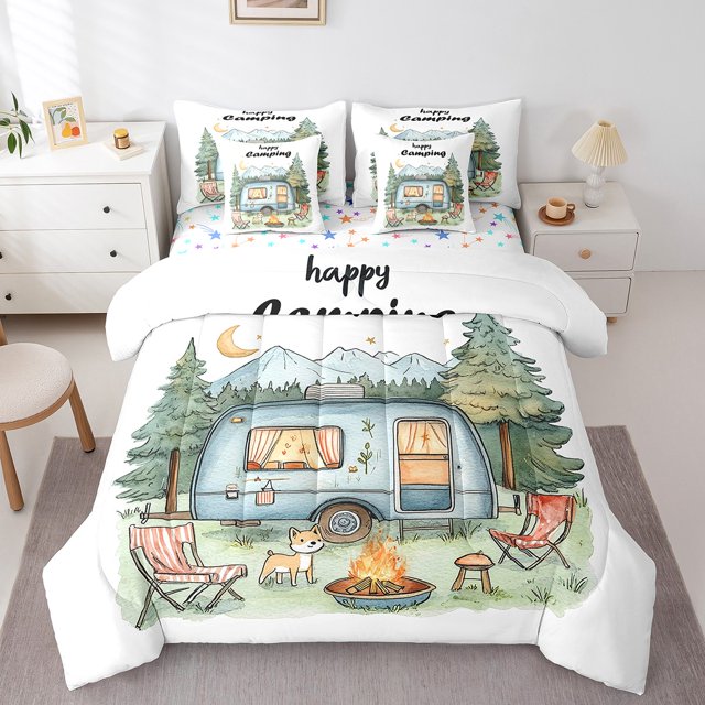 Erosebridal Rustic Camp Bedding King Comforter Set, RV Car Down Comforter, Happy Camping Decor, Reversible 7-Piece