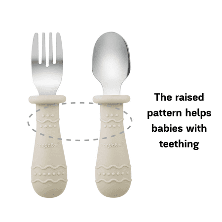 PandaEar Silicone Baby Feeding Set | 2 Silicone Divided Suction Plate and 2 Toddler Cup with 4 Silicone Stainless Spoons & Forks| BLW Supplies Self Feeding Eating Utensils (Sea Mist/Bone)
